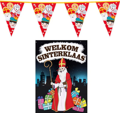 Sinterklaas versiering feestpakket inclusief 2x stuks vlaggenlijnen 6 meter en A1 deurposter