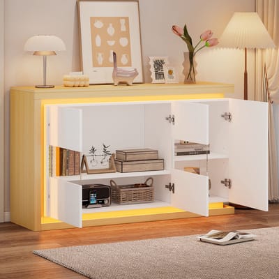 FloraGrace Dressoir - Hoogglans Opbergkast Met Led En Glazen Deuren - Voor Woonkamer Hal En Kantoor - Spaanplaat - 140x40x84 Cm - Wit