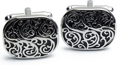 Manchetknopen - Ovaal met Zwart en Zilver Patroon