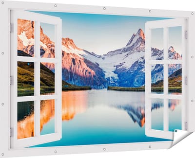 Gards Tuinposter Doorkijk Bergen Landschap bij het Meer - 180x120 cm - Tuindoek - Tuindecoratie - Wanddecoratie buiten - Tuinschilderij