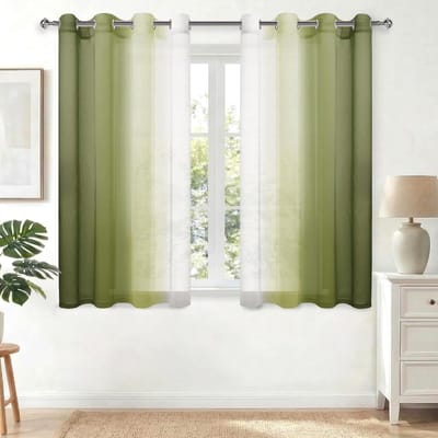 Set van 2 gordijnen met inslagringen, voile-gordijnen, kleurverloop, transparant, raamgordijn, decoratief gordijn, gordijn voor woonkamer, slaapkamer en kinderkamer, 140 x 160 cm, olijfgroen