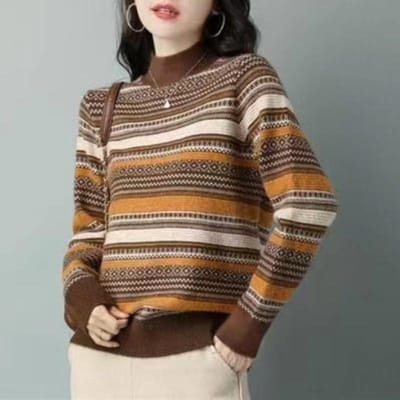 Herfst/Winter Gebreide Trui Losse Bovenkleding Kleurblok Streep Retro Basis Shirt Halve Hoge Kraag Trui voor Dames One size