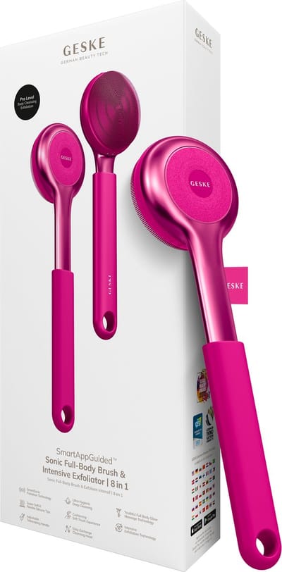 GESKE Sonic Full-Body Brush & Intensive Exfoliator | 8 in 1 | Reinigingsborstel | Met SmartSonic-pulsaties | Diepe reiniging, peeling, massage | Uitschuifbare handgreep | Ruwe huidverwijderaar