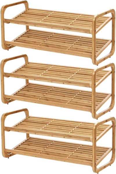 Zeller schoenenrek - 3x stuks - bamboe - 2-laags - 74 x 33 x 33 cm - stapelbaar - schoenen standaard