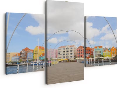 Artaza Canvas Schilderij Drieluik Willemstad Gekleurde Huisjes in Curaçao - 150x120 - Groot - Foto Op Canvas - Canvas Print