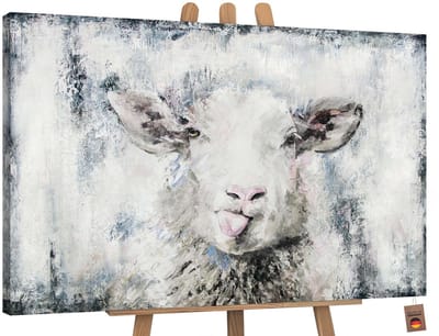 Canvas schilderij landschapsformaat handgeschilderd gelukkig schaap dier – YS-Art Gallery – Charmante wanddecoratie voor woonkamer – Vrolijk schilderij voor kinderkamer en hal