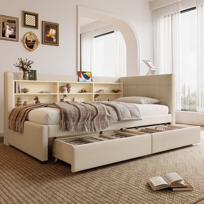 Slaapbank, Dagbed 90*200 cm, met 2 Lades, USB + Type C, Meerdere Opbergvakken, Bed met Lattenbodem (Zonder Matras)-Beige