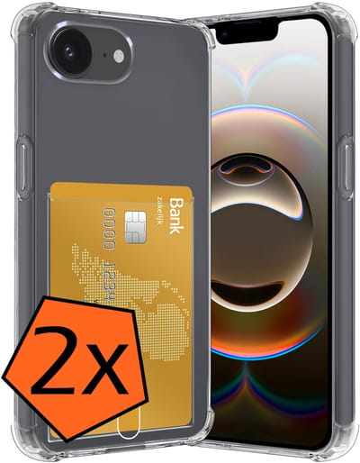 Hoes - 2 Stuks - Geschikt voor Apple iPhone 16e - Met Pashouder en Kaarthouder - Telefoon Hoesje Shockproof - Siliconen Case - Back Cover - Shock Proof - Pasjes Houder - Transparant