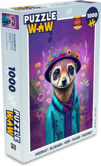Puzzel Meerkat - Bloemen - Verf - Paars - Portret - Stokstaartje - Legpuzzel - Puzzel 1000 stukjes volwassenen