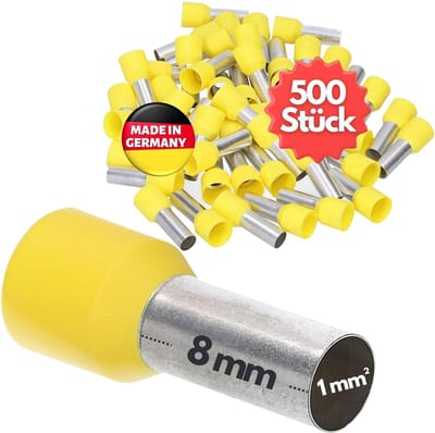 500 stuks Kalitec AE108GE adereindhulzen geïsoleerd 1,0 mm² 8 mm lang geel I Made in Germany I Industriële kwaliteit