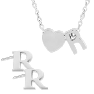 Initiaal Ketting & Oorbellen set met Letter R ZIlverkleurig - Stainless Steel - Met letter & Hartje! - 2x Sieraden Cadeau - Pax Amare
