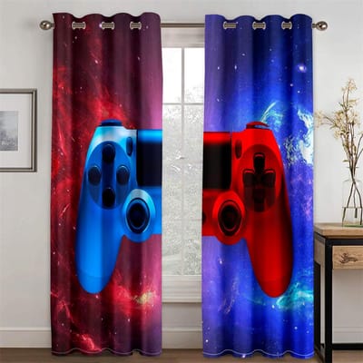 2 Stuks 3D Patroon Video/TV Game Speler Print Woonkamer Game Controller Gordijnen Voor Kinderkamer Decoratie Draperieën W60H60(CM)x2pcs&Grommet Top blue