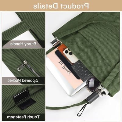 Ruime Corduroy Schoudertas voor Vrouwen - Waterdichte Tote Bag met Trekkoord en Rits voor School, Werk en Reizen