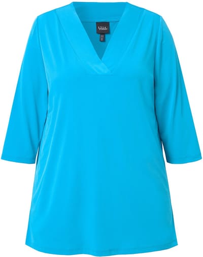 Ulla Popken - Dames - Longshirt A-lijn V-hals 3/4-mouwen - Lichtturquoise - Maat 62+