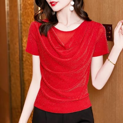 T-shirt à manches courtes pour femme, robe d'été, design sens, chemise en soie brillante irrégulière, style étranger, petit haut 2XL rouge
