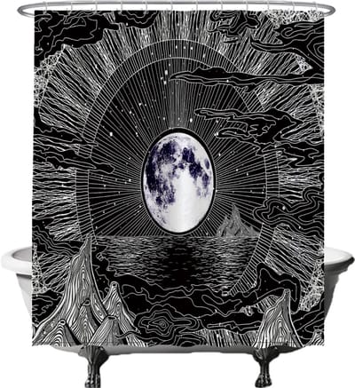 Ulticool Douchegordijn - Maan Sterrenhemel Natuur Bohemian - 180 x 200 cm - semi Transparant - met 12 Ringen Wit - anti Schimmel - Tarot Kaarten Heks Boho Aesthetic Psychedelic Zonnestelsel Universum Hippie Heelal Planeten - Zwart Wit