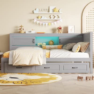 MEUNIQ Bedbank 90x200 cm met uittrekbaar bed 90x190, LED-verlichting, opbergruimte, stopcontact en USB, zonder matras, voor slaapkamer of kinderkamer, grijs