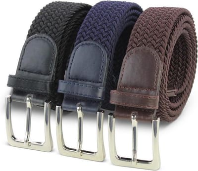3 pack elastiek stretch riem - Elastische broekriem Stretch riem Vlecht riem Gevlochten riem Elastiek riem - unisex - Zwart, Bruin en Blauw