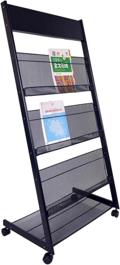Tijdschriftenrek met wielen - Krantenhouder display - Ruimte ordenen - Vier vakken A4 - 63 x 36 x 126 cm