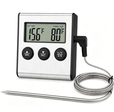 Thijox - Digitale Grillthermometer met Roestvrijstalen Sonde, Vleesthermometer tot 250 °C, Braadthermometer met Timer en LCD-Scherm voor Koken, Grille