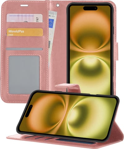 Hoesje - Met Pasjeshouder - Geschikt voor Apple iPhone 16 - Luxe Bookcase Portemonee - Flip Case - Kunstleer Book Case - Flipcase - Book Cover - Walletcase - Portemonneehoes - Telefoonhoesjes - Rosé goud