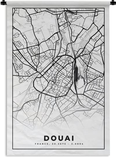 Wandkleed - Wanddoek - Kaart - Plattegrond - Frankrijk - Stadskaart - Douai - Zwart wit - 120x180 cm - Wandtapijt