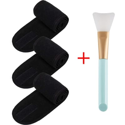 3 pièces bandeau facial ajustable avec 1 pinceau pour masque Yoga Spa Bain Douche Maquillage Lavage du visage Bandeau cosmétique Accessoires de maquillage noir