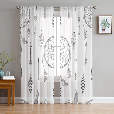 Roze Dromenvanger Cirkel Veer Chiffon Transparante Gordijnen voor Woonkamer Slaapkamer Huisdecoratie Raam Voile Tule Gordijn Draperieën W135 x H114cm