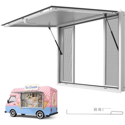 VEVOR Verkoopraam voor Foodtrucks 1220 x 915 mm Verkoopraam geschikt voor foodtrucks, opent tot 85°, 4 verwijderbare schuiframen met roosters, verkoopluik, bescherming tegen zon en regen