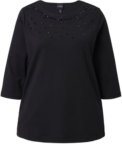 Ulla Popken - Dames - Shirt siersteentjes boothals 3/4-mouw - Zwart - Maat 42+