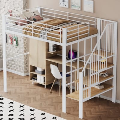 MODENUIT Hoogslaper 140x200 cm – Met trap – Ruimte onder het bed – Voor jeugd en volwassenen – Metaal en hout – Zonder matras – Wit