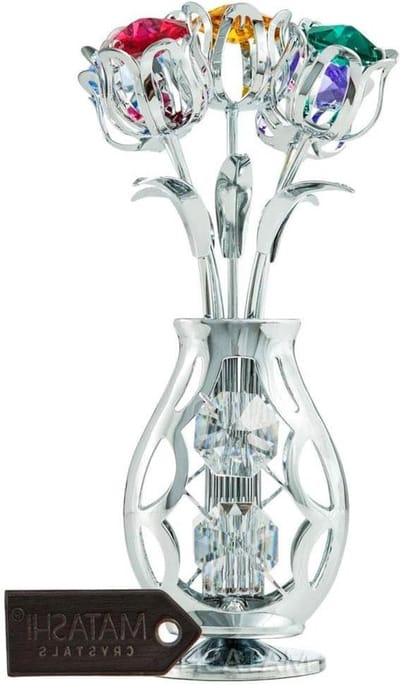 Bloemen en Vaas - Metaal Boeket - Woonkamer Decoratie - Kristal Versiering - 4 x 1.5 inch - Chroom