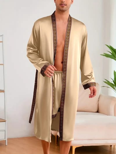 ochtendjas badjas goudkleur pyjama satijn heren nachtkleding goedkoop huispak comfort mannen glans elastisch lange mouwen korte broek