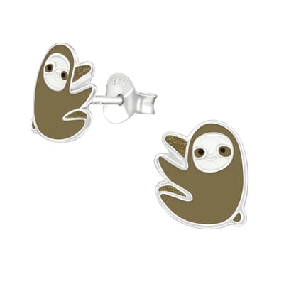 Aramat Jewels | Oorbellen | Zilveren Luiaard Oorbellen - Bruin/Beige Emaille | | | |9mm | Zilver | Kinderen | Verkleurd niet