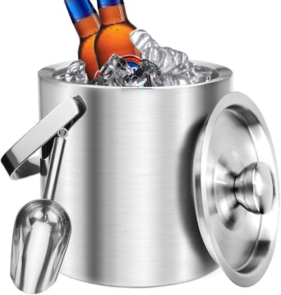 Dailygoods- IJsemmer Dubbelwandig - IJsblokjeshouder met Deksel - Ijsemmer 2 Liter - Roestvrij Staal - IJskoeler - Ergonomische Handgreep