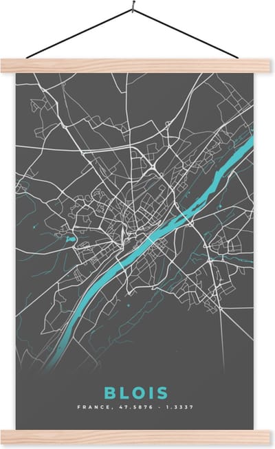 Posterhanger incl. Poster 40x60 cm - Schoolplaat - Blois - Frankrijk - Plattegrond - Kaart - Stadskaart - Textielposter - Blanke latten - Stadskaart