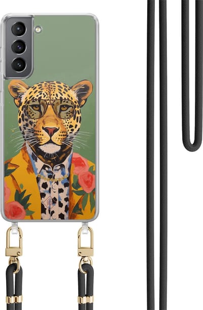 Casimoda® hoesje met koord - Geschikt voor Samsung S21 - Luipaard Hipster - Afneembaar koord - TPU/polycarbonaat - Groen