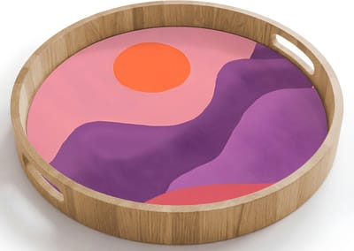 Dienblad rond 40x40 cm - Schootdienblad hout - Zon - Heuvels - Paars - Abstract - Borrelplank rechthoek - Plateau houten dienbladen
