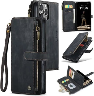 CaseMe - Hoesje geschikt voor Apple iPhone 16 Pro Max - Vintage Wallet Book Case Ritssluiting - Met Magneetsluiting - Zwart