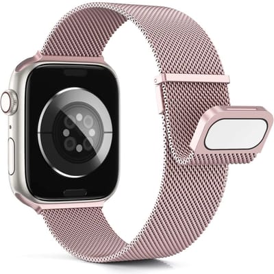 Metalen Bandje Compatibel met Apple Watch Bandjes 40mm 41mm 38mm 44mm Ultra 2 49mm 46mm 45mm 42mm, Dubbel Magnetisch Bandje voor iWatch Series 10 9 SE 8 7 6 5 4 3 2 1, Glad Metaal Milanese（Roze，38mm/40mm/41mm/42mm(Series 10)）
