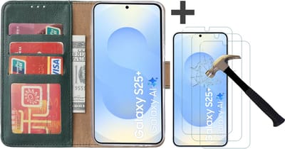 Hoesje met 3 Stuks Screenprotectors Geschikt voor Samsung Galaxy S25 Plus – Arara bookcase met pasjeshouder - Groen