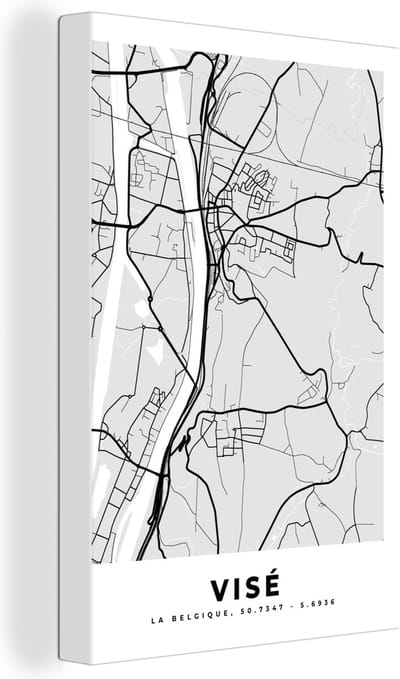 Canvas Schilderij Zwart Wit – België – Plattegrond – Stadskaart – Kaart – Visé - 20x30 cm - Wanddecoratie