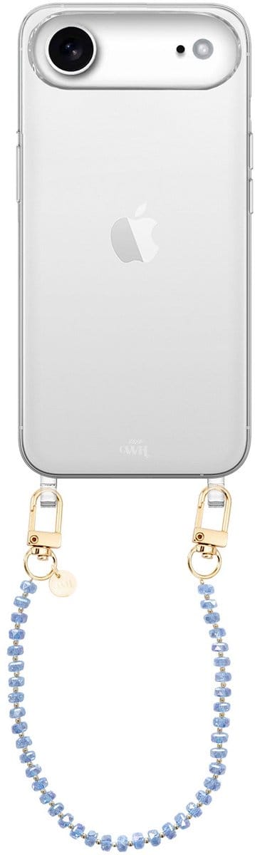 xoxo Wildhearts siliconen hoesje geschikt voor iPhone 17 Air hoesje - Crystal (Blauw) - Telefoonhoesje - Hoesje met koord - Kristal ketting - Kristallen met gouden details - kort telefoonkoord - Transparant hoesje