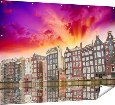 Gards Tuinposter Amsterdamse Huisjes bij het Kanaal - Kleur - 160x120 cm - Tuindoek - Tuindecoratie - Wanddecoratie buiten - Tuinschilderij