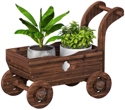 Grote Houten Plantenbak - Luxe Bloembak met Kruiwagen - Verhoogd Tuinbed in Wagenvorm - Koude Kas met 4 Wielen & Handvat - Kweekbak - Moestuinbak - voor Buiten, Terras, Tuin & Balkon - voor Groenten, Bloemen & Kruiden - 68 x 38 x 52 cm