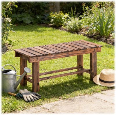 Houten Buitenbank - Terrasbank Tuinmeubel - Ontspannen Buiten - Verkoold Hout - 90cm Breed - Naturel