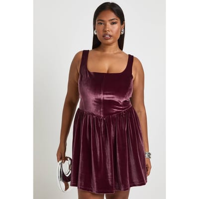 boohoo Dames Plus fluwelen jurk met vierkante hals en corsetdetail | Mauve | Maat: 16
