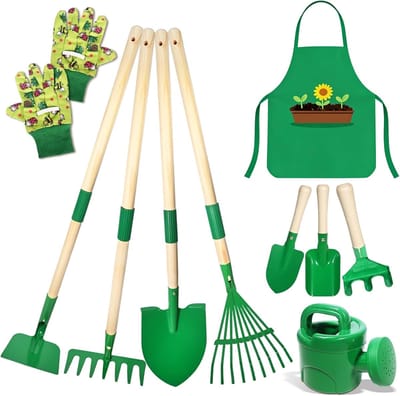 Thijox - Tuingereedschapsset voor Kinderen, 10 Stuks, Metalen Tuingereedschap met Schep, Hark, Vork, Werkhandschoenen, Schort, Gieter - Compleet Speel