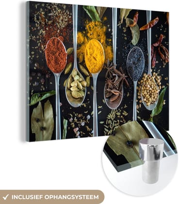 ® Glasschilderij 160x120 cm - Schilderij acrylglas - Kruiden - Lepel - Specerijen - Zwart - Keuken - Foto op glas - Muurdecoratie woonkamer - Wanddecoratie slaapkamer - Schilderijen