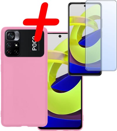 Hoesje Met Screenprotector - Geschikt voor Xiaomi Poco M4 Pro 5G - Sterk & Shockproof - Back Cover - Siliconen Case - Telefoon Hoes - Lichtroze